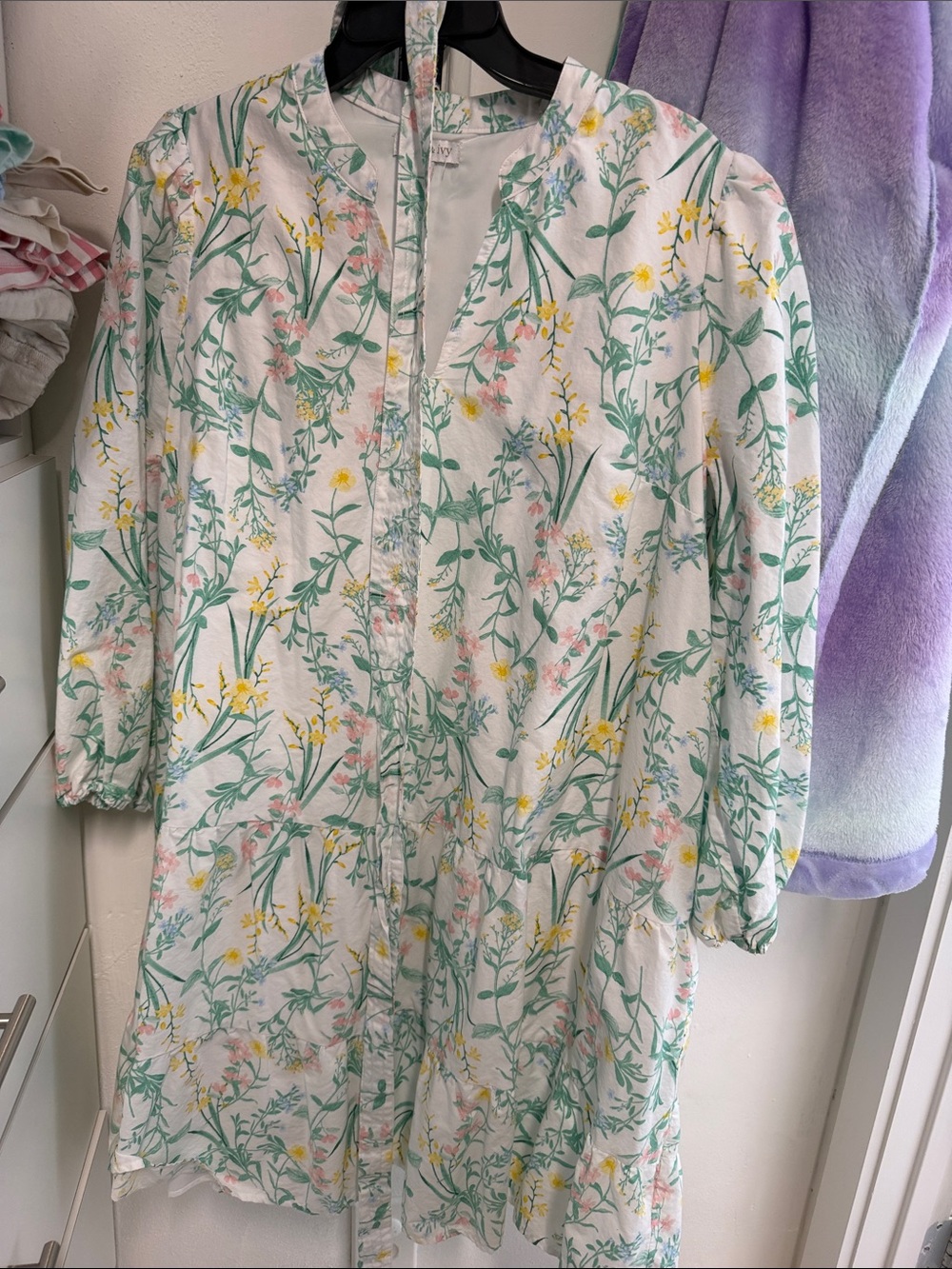 crown & ivy White Floral dress with Green and Yellow Botanical Print
